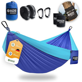 Гамак NATURBUMMLER® Outdoor з захистом дерев [Tree Protec+] – 300x170 см для 1-2 осіб – ультралегкий та стійкий до погодних умов – двошаровий гамак для кемпінгу, саду та відпочинку на природі (Натуральний зелений, Морська блакить)