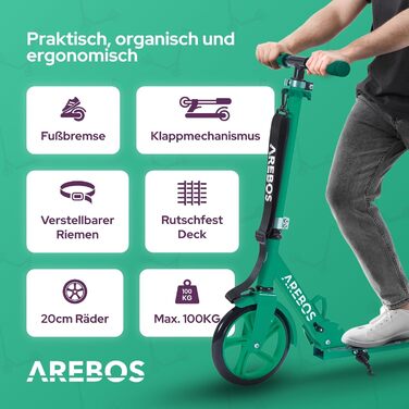 Самокат Arebos Cityroller для дітей і дорослих, складаний, регульований по висоті, XXL колеса, ремінь для перенесення, до 100 кг