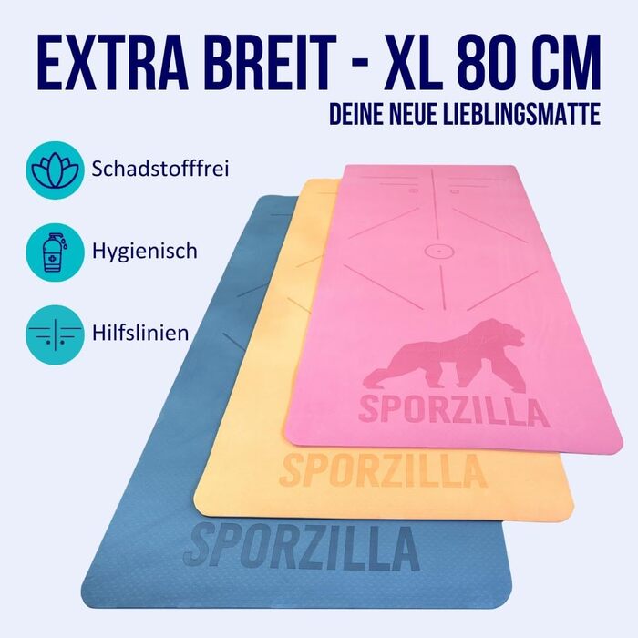 Килимок для йоги та фітнесу Sporzilla Premium XL, 80 см, 8 мм, нековзний, екологічний, з розміткою
