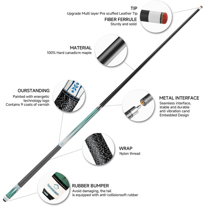 Біліардна кий HomeSeason 57'' з нейлоновою намотуванням, професійна, низька дефлекція, у сумці