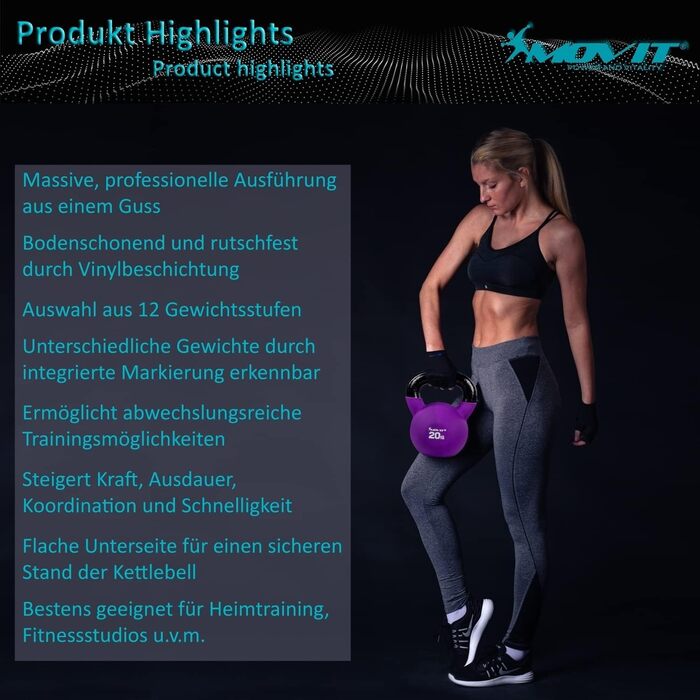 Гиря MOVIT PRO з чавуну з вініловим покриттям, 2-24 кг, 12 варіантів, екологічна, гиря для фітнесу та кросфіту