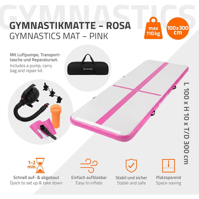 Килимок гімнастичний надувний ECD Germany Airtrack 3м/4м/5м, Рожевий/М'ятно-зелений, з електронасосом та сумкою для тренувань, фітнесу, йоги