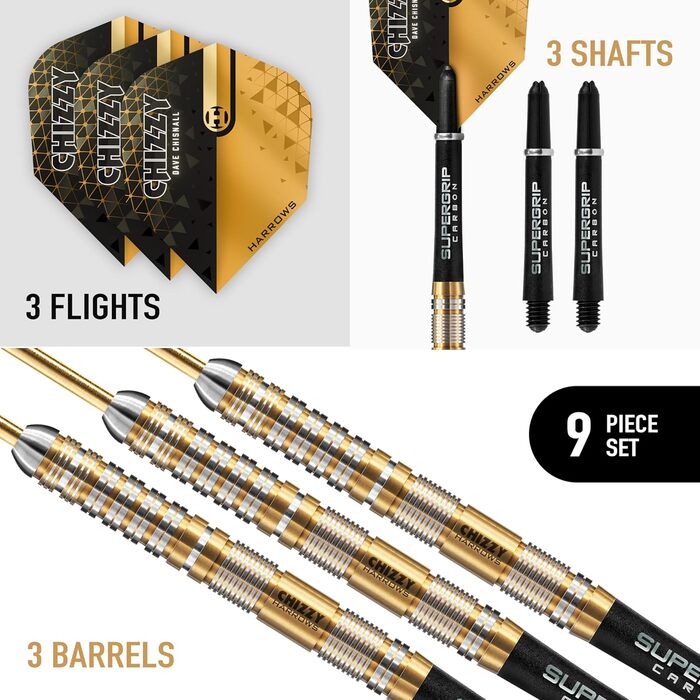 Дротики Harrows Dave Chizzy Chisnall 90% вольфраму, сталевий наконечник, професійний сет, 23г, Supergrip-держачі, 100 мікрон Chizzy-пір'я