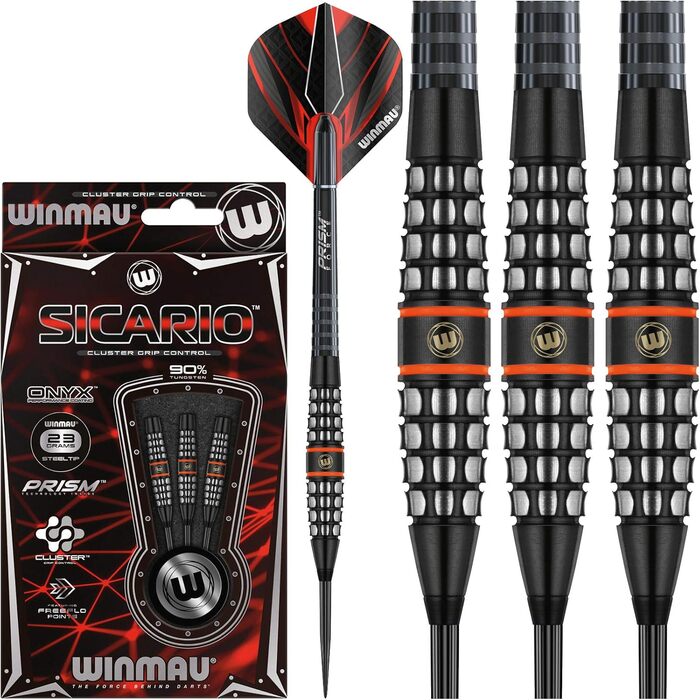 Дротики WINMAU Sicario 23 г вольфрамові для дартсу, стілтіп, професійні, з хвостовиками та оперенням