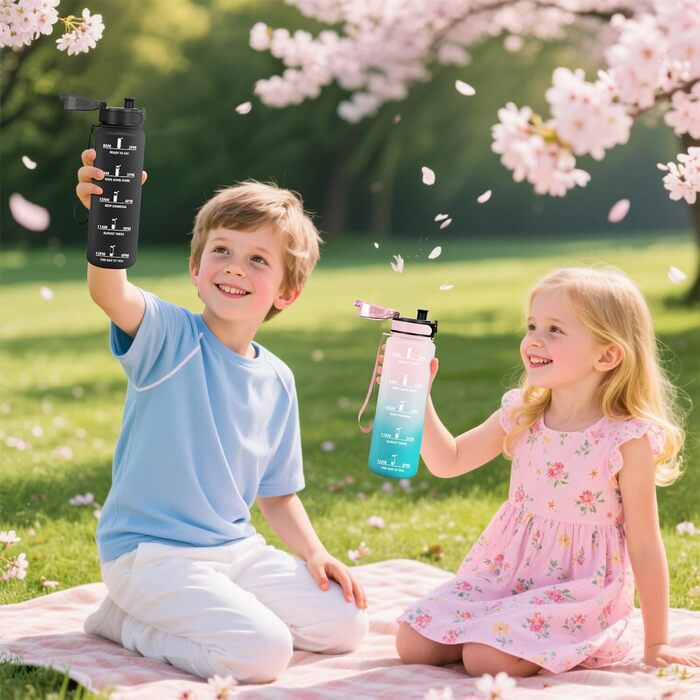 Фляга для води HoneyHolly 1 л з фільтром, з позначками часу, противитікаюча, для спорту, велосипеда, йоги, фітнесу, активного відпочинку (чорно-червона)