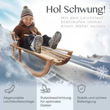 Дитячі санчата Kinderschlitten 90 см з підніжкою - дерев'яні санчата з масивного буку - санчата Davoser з мотузкою та ручкою, міцні, з легкими сталевими чіпками