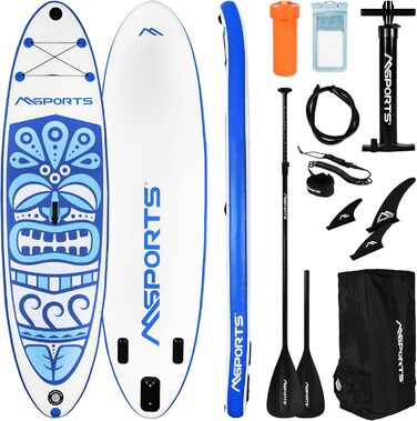 Надувна SUP-дошка MSPORTS з аксесуарами: регульоване весло, помпа, 2 веслових стрижня, водонепроникний чохол для смартфона, багатофункціональна сумка, синя