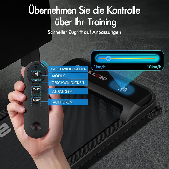 Складаний біговий килимок BLACK LORD MS2, 2-в-1 для дому та офісу, нахил, 3.2HP, до 140 кг, чорний
