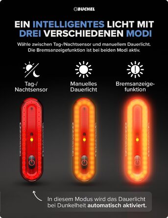 Велосипедне заднє світло Büchel LED, акумуляторне, сертифіковане StVZO, для велосипеда та електровелосипеда, з функцією показу гальмування