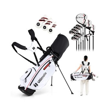 GYMAX Комплект жіночих гольф-клубів, 13-ти частинний набір з сумкою-стійкою та захистом від дощу, включає драйвер 460CC, 3 фейрвеї, гібрид, залізи 5/6/7/8/9/P/S, червоний