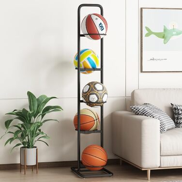 Стійка для м'ячів: сталева стійка для зберігання баскетбольних, футбольних та волейбольних м'ячів (5 тримачів) - економія місця, легка збірка, для внутрішнього та зовнішнього використання