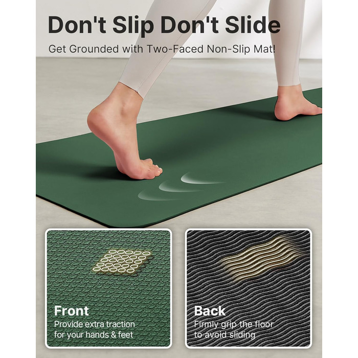 Килимок для йоги з TPE, неслизький, 61x61 см (24x0.24 дюйма), для пілатесу, фітнесу та занять босоногою, з сумкою та ремінком, зелений