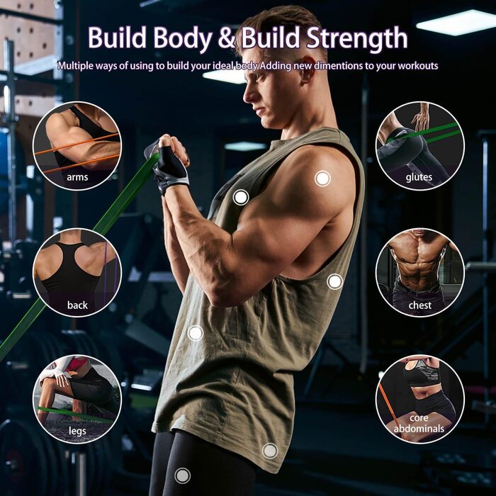 Набір еластичних стрічок для фітнесу AUVIM: 3 рівні опору для силових тренувань, розтяжки, калістеніки, кросфіту, пілатесу, йоги. У комплекті: дверний анкер та сумка для зберігання (фіолетовий, синій, оранжевий, зелений)