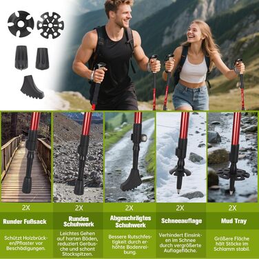 Телескопічні палиці для скандинавської ходьби з алюмінію, регульовані та складні, з корковими ручками для жінок та чоловіків, 62–135 см, червоні (Upgrade 2025)