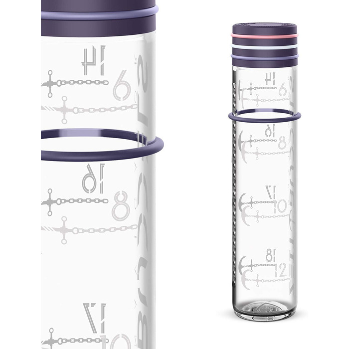 Мотиваційна пляшка для води 1 л з часовими мітками NAVIGATOR, лілова, скляна, BPA free, для газованої води, протиударна, герметична
