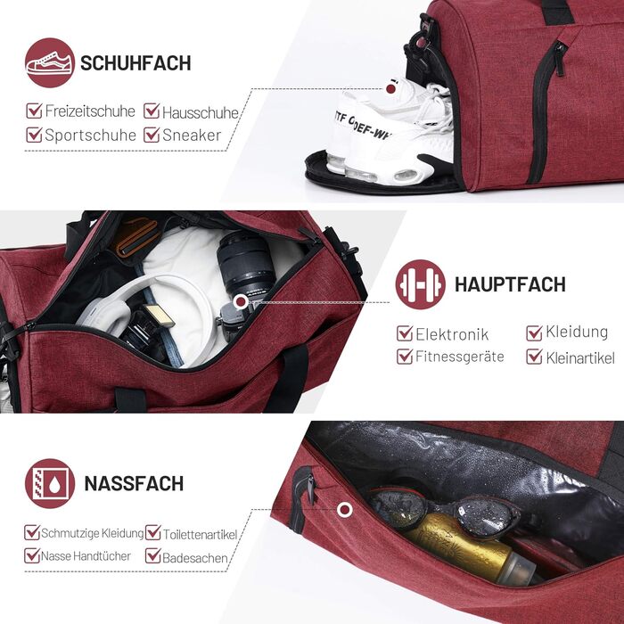 Спортивна сумка 25L для жінок та чоловіків з відділенням для взуття та мокрих речей, водонепроникна, для подорожей, спортзалу, плавання, червона