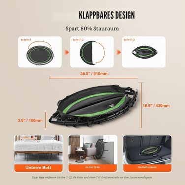 Складаний фітнес-батут VEVOR Rebounder з ручкою, що регулюється по висоті, 1295 мм, витримує до 205 кг, для спорту та тренувань