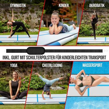 Гімнастичний надувний мат Airtrack AERONE | 3м, 4м, 5м, 6м | Аксесуари: ремінь, сумка, насос | Для дому, басейну, на вулицю | 500x100x10см, блакитний