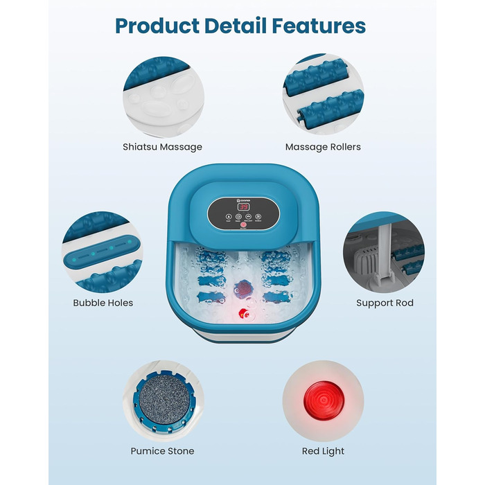 Зручне ванночка для ніг Comfier з масажем, підігрівом та функцією бульбашок | Складаний масажер для ніг | Вібрація, функція бульбашок, таймер, пемза для педикюру, 35°C-48°C, 8 Shiatsu роліків (Чорний, Синій)
