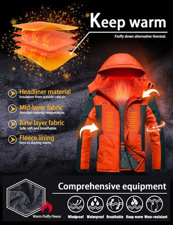 Чоловіча зимова куртка GEMYSE з капюшоном, вітро- та водонепроникна, з флісовою підкладкою для активного відпочинку (M, Помаранчевий/Сірий 08)