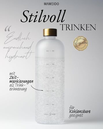 Фляга для води MAMEIDO 1 л з мітками часу, BPA-free, для спорту, фітнесу та офісу (1500 мл, Frosted White Gold)