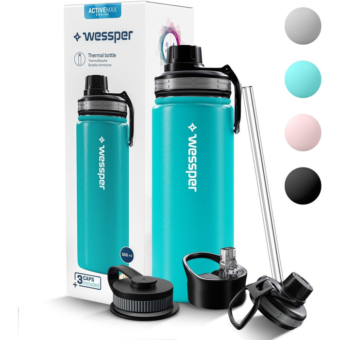 Термос пляшка Wessper 500 мл, нержавіюча сталь, герметична, BPA Free, 3 кришки, синя, для спорту, дітей і дорослих, кемпінг, велосипед, outdoor