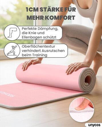 Килимок для йоги Unycos з нековзким покриттям | Щільність 6/10/15 мм, для гімнастики, з ременем для перенесення【вкл. E-Book】Фітнес-килимок для пілатесу, тренувань, гімнастики (#19 Рожевий + Сірий, 183*66*1 см)
