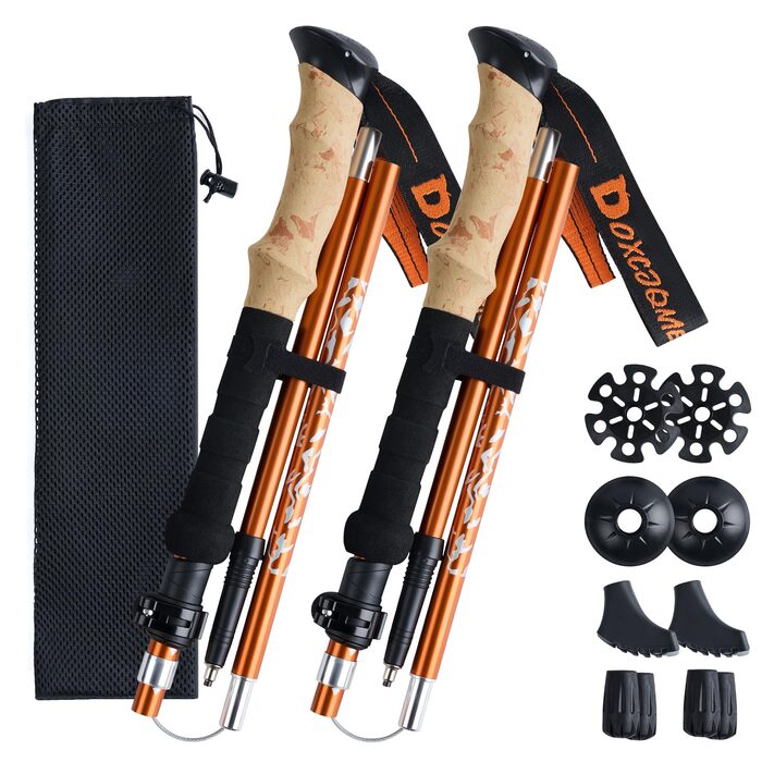 Телескопічні палиці для скандинавської ходьби та трекінгу 2 шт, складані (110-130 см), алюмінієві з гумовими наконечниками та сумкою, помаранчеві