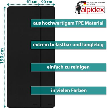 Йога мат ALPIDEX, 190 x 61 x 0.6 см, протиковзка, TPE, чорний/сірий, для фітнесу, йоги, пілатесу, тренувань
