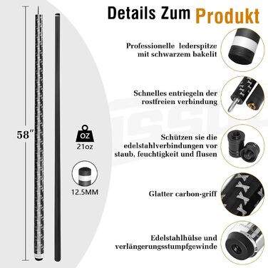Білльярдний кий з карбону, 58 дюймів, наконечник 12.5 мм, вага 20/21 унція, аксесуар для більярдних ентузіастів (C4706-210Z)