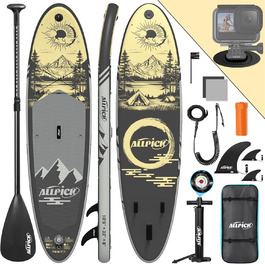 Надувний SUP Борд ALLPICK Premium Set: Комплектація для початківців та професіоналів, камера, аксесуари, регульоване весло, 200 кг, сіро-золотий