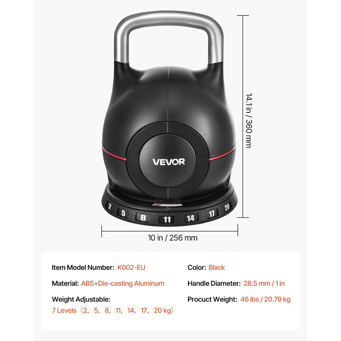 Куркова гантель VEVOR, регульована, 7 рівнів ваги, алюмінієвий корпус, ABS, для силових вправ, тренування всього тіла та кросфіт, 20 кг