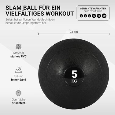 MSPORTS Slam Ball Premium, медичний м'яч 5 кг, чорний, для фітнесу, кросфіту, силових тренувань