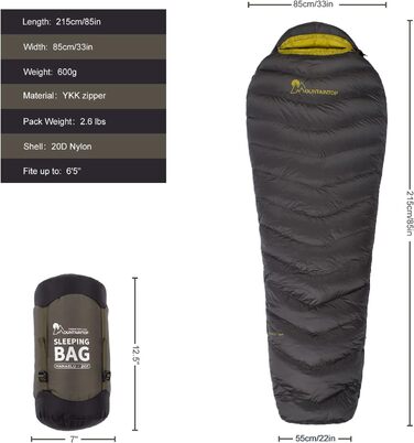 Спальний мішок кокон Mountaintop Ultralight 650 Fill Power (Качка) для кемпінгу, гірських походів, 32°F (0°C) - Армійський зелений