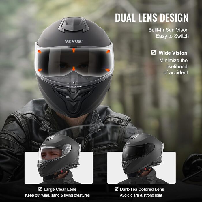 Мотошолом VEVOR інтегральний з Bluetooth, змінне скло, DOT, чорний, розмір L, для дорослих та підлітків