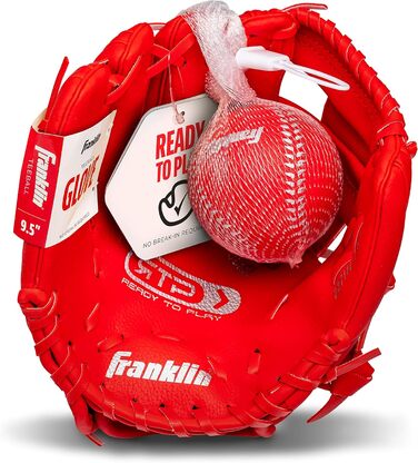 Рукавиця для бейсболу Franklin Sports RTP Kinder Teeball (ліва рука, червона) + М'яч - Дитячий набір для ті-болу для хлопчиків та дівчаток (24,1 см)