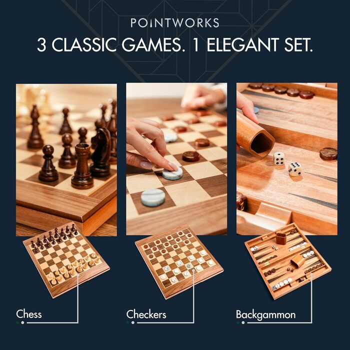 Набір шахів, шашок та нарду для дорослих 43,2 см, дерево, портативний, складаний, двосторонній, з великими фігурами