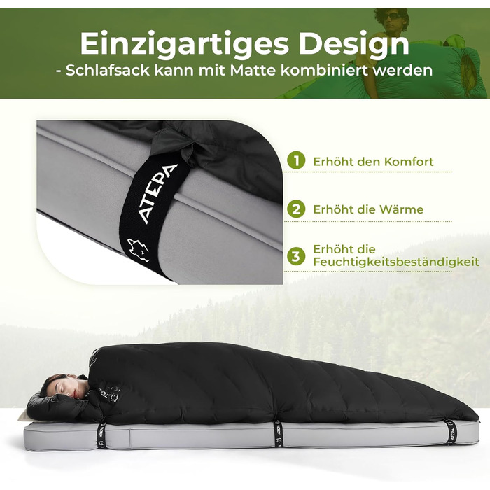 Спальний мішок ATEPA Ultraleicht Daune 650/700FP, 3-сезонний (12°C / 6°C / -1°C), легкий та компактний, водовідштовхувальний, для кемпінгу, походів, трекінгу та рюкзакових подорожей, з компресійним мішком. Комфортна температура 12°C, межа допустимої темпе