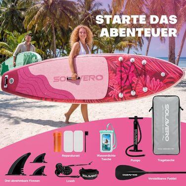 SUP дошка Solavero надувна з комплектом, 323x83x15 см, до 200 кг, рожевий джунглі - для початківців та сімей