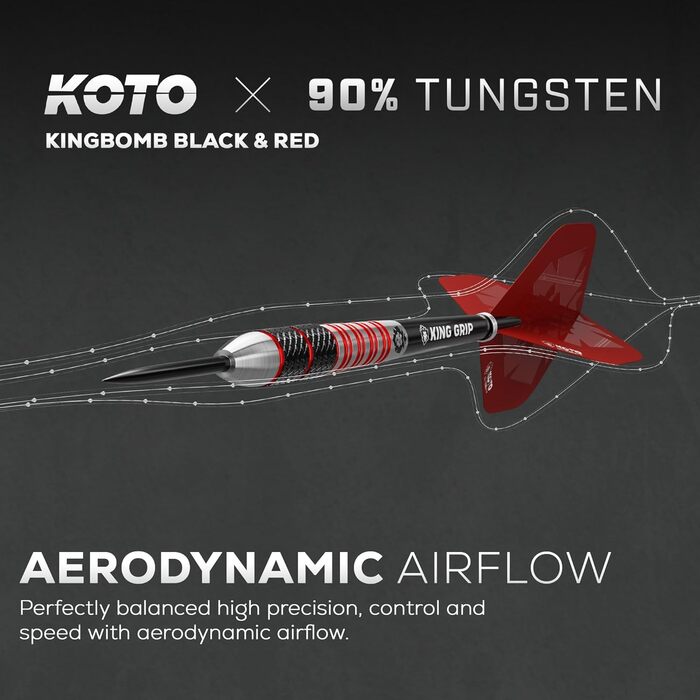 Дартс-набір KOTO Kingbomb Black & Red, 3 дротики з міцним рифленим хватом, барелі, оперення, стрижні та чохол для дротиків