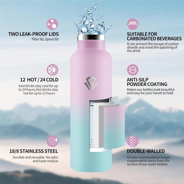 Термос-пляшка 500 мл, не містить BPA, з нержавіючої сталі, подвійна ізоляція, пляшка для води, термос-термокружка з трубочкою, для газованої води, кольори: Темно-синій & Темно-зелений