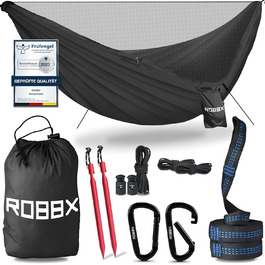 Гамак для відпочинку на відкритому повітрі ROBBX® з москітною сіткою на 2 особи | Максимальне навантаження 300 кг | Подвійний гамак з комплектом кріплень | Нілоновий гамак для кемпінгу та подорожей | 290x140 см (Чорний)
