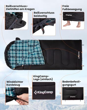 Сплячий мішок KingCamp Flannel для дорослих, 4 сезони, ультралегкий, бавовна, теплий, ковдровий, водонепроникний, для кемпінгу та повсякденного використання, чорний, L, блискавка