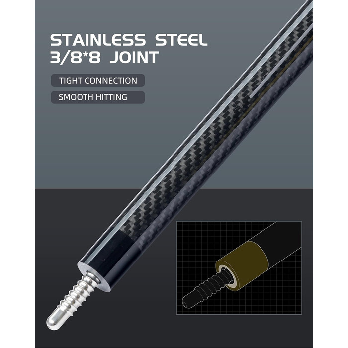 Більярдний кий CRICAL з карбону, 147,3 см, професійний, з'єднання 3/8 x 8, наконечник 12,5 мм, COWCUE-02