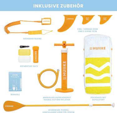 Надувний SUP-борд HUIIKE Stand Up Paddling Board з аксесуарами: весло, фіни, насос. Стабільний та міцний надувний SUP-борд 305x84x15 см, до 130 кг (Enjoyer Yellow - Essential)