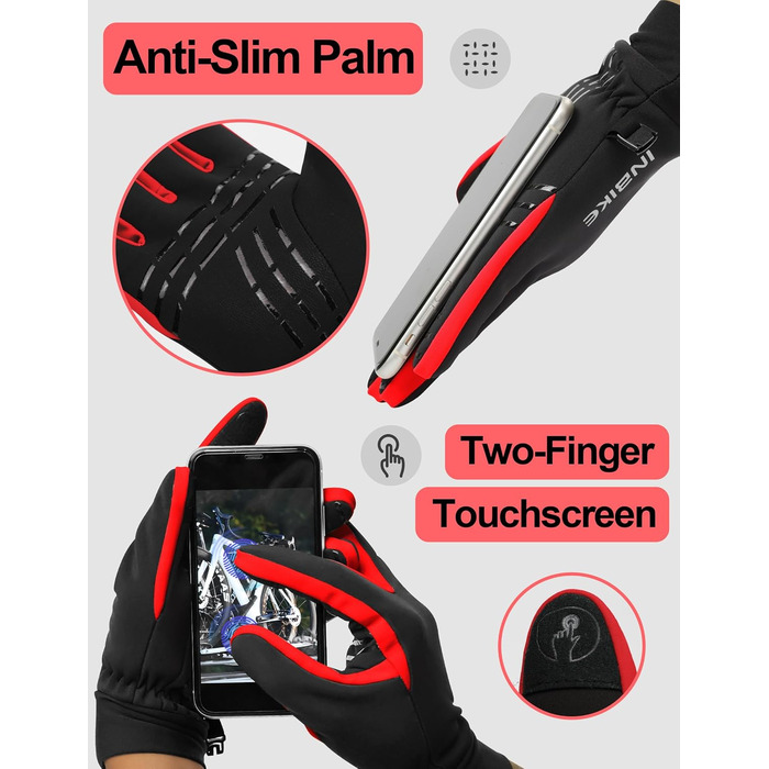 Зимові рукавички для катання на лижах та велосипеді з сенсорним екраном, Winddicht, теплі, WF709, зелені (чорно-червоні), розмір S