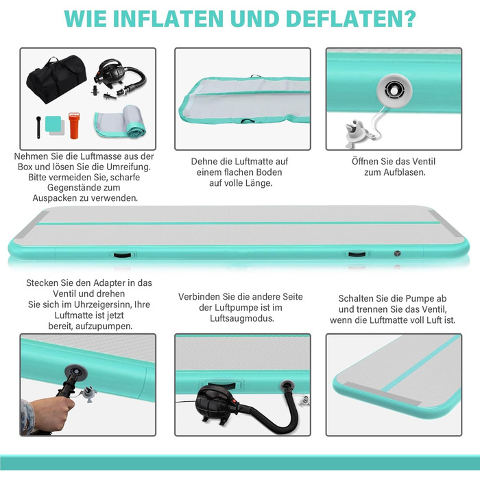 Надувний гімнастичний мат для дому, 300x100x10 см (м'ятно-зелений)