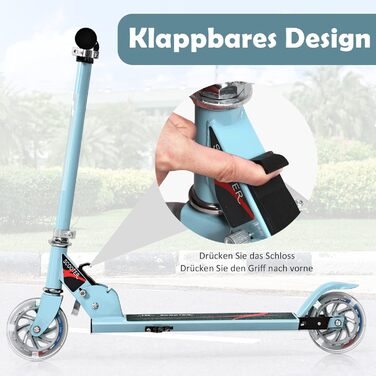 Дитячий ролер GOPLUS Roller Kinder 4, ролер для дітей 4 роки, з LED-підсвіткою, гальмом та підніжкою, регульована висота, алюмінієвий, складний, до 70 кг, блакитний