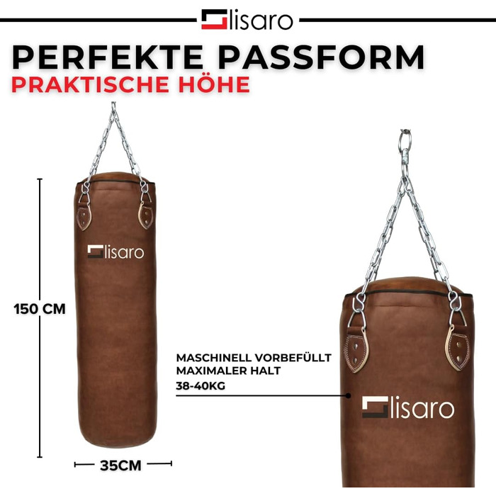 Боксерський мішок Lisaro Profi 150 см - для будь-якого спорту, 40 кг, з металевою ланцюгом, виготовлений з штучної шкіри (вініл), студійного рівня, коричневий
