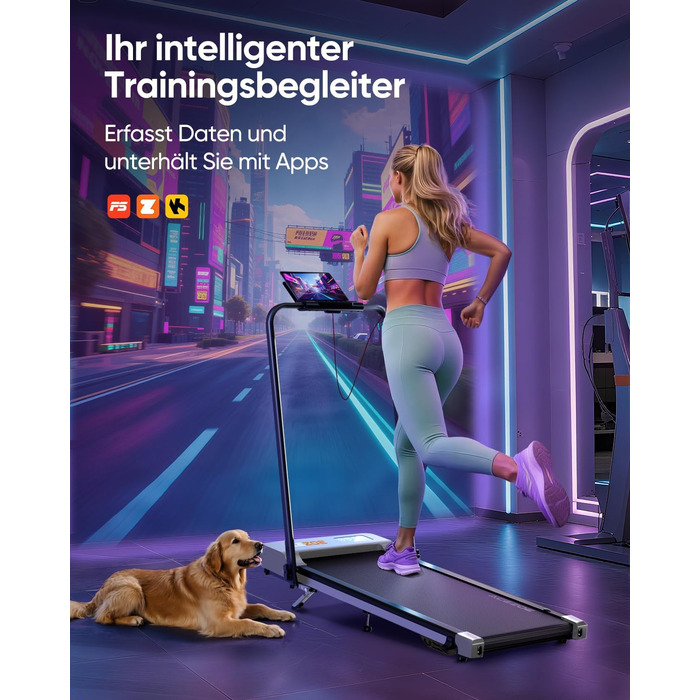 Біговий тренажер 6 в 1 для дому, складний, з регулюванням нахилу 10% та ручками. Макс. вантажність 135 кг, LED-дисплей, пульт дистанційного керування та додаток. Чорний та сірий.